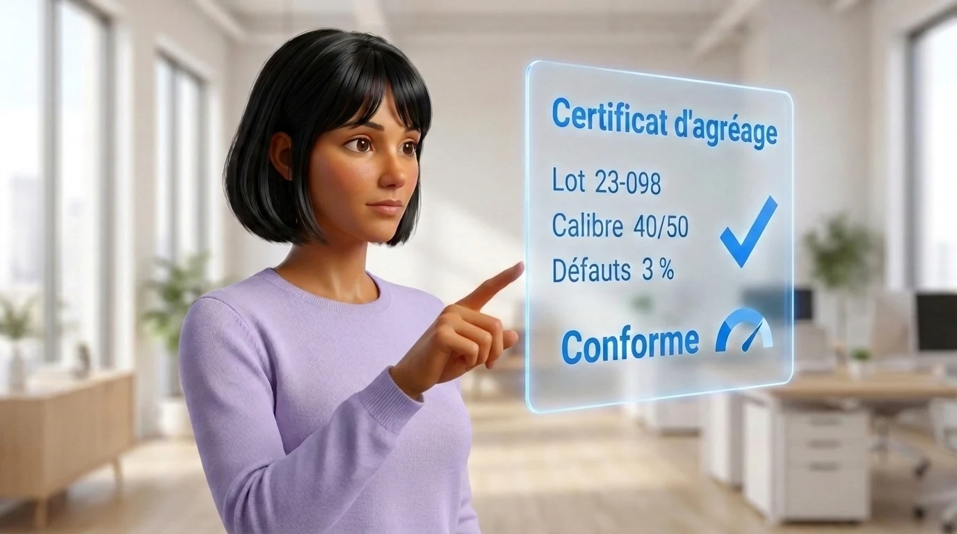 Agathe, debout dans un bureau, désigne un panneau de verre affichant un certificat d'agréage : lot 23-098, calibre 40/50, défauts 3 %, résultat conforme.
