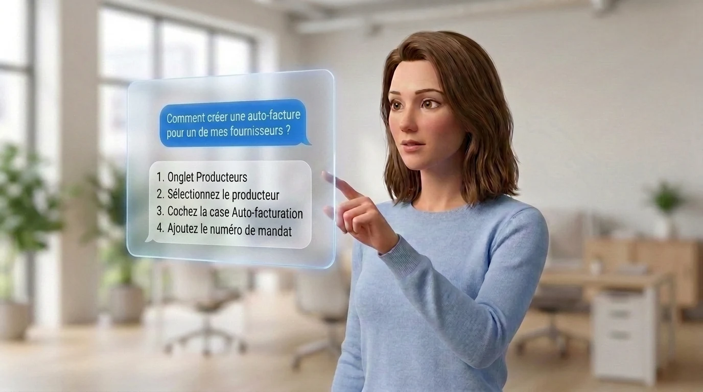 Flo, debout dans un bureau, désigne un panneau de verre où s'affichent la question « Comment créer une auto-facture pour un de mes fournisseurs ? » et les quatre étapes de la réponse.