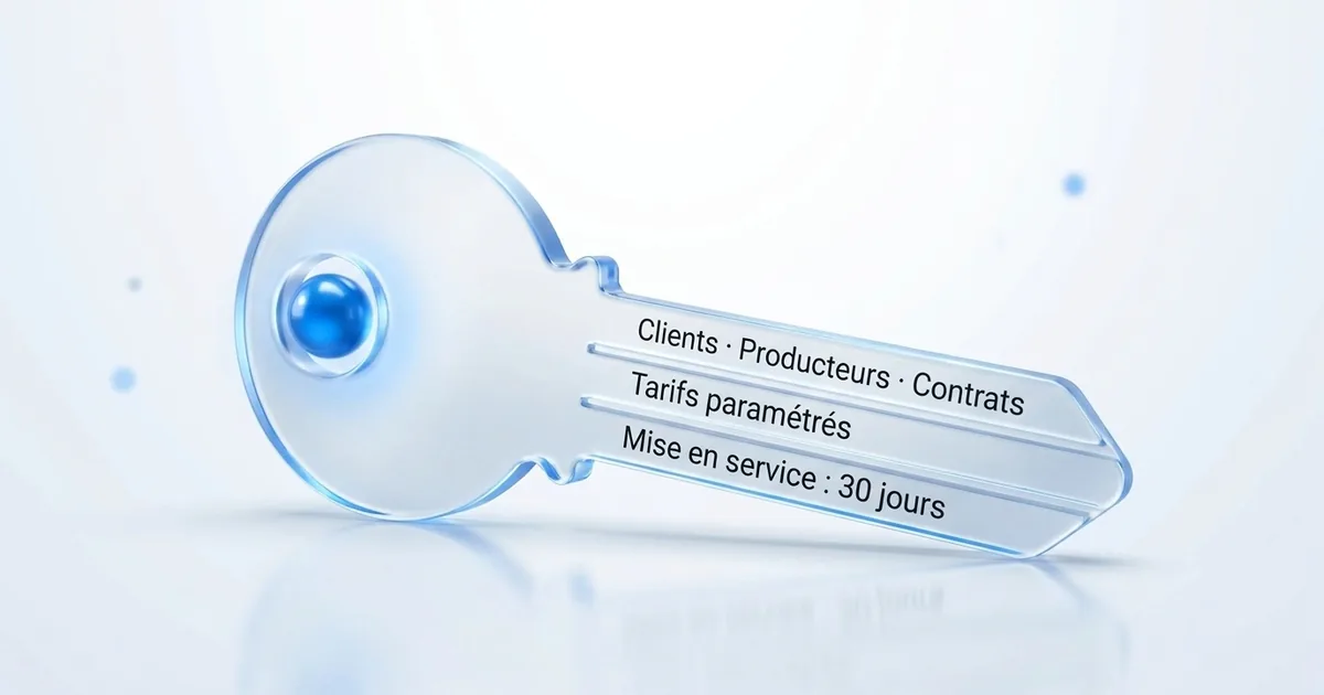Clé en verre portant les étapes d'un déploiement ERP clé en main : clients, producteurs et contrats, tarifs paramétrés, mise en service en 30 jours