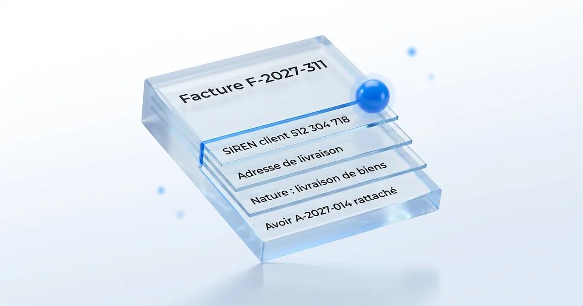 Facture en verre ouverte en coupe pour passer à la facture électronique : SIREN client, adresse de livraison, nature de l'opération et avoir rattaché