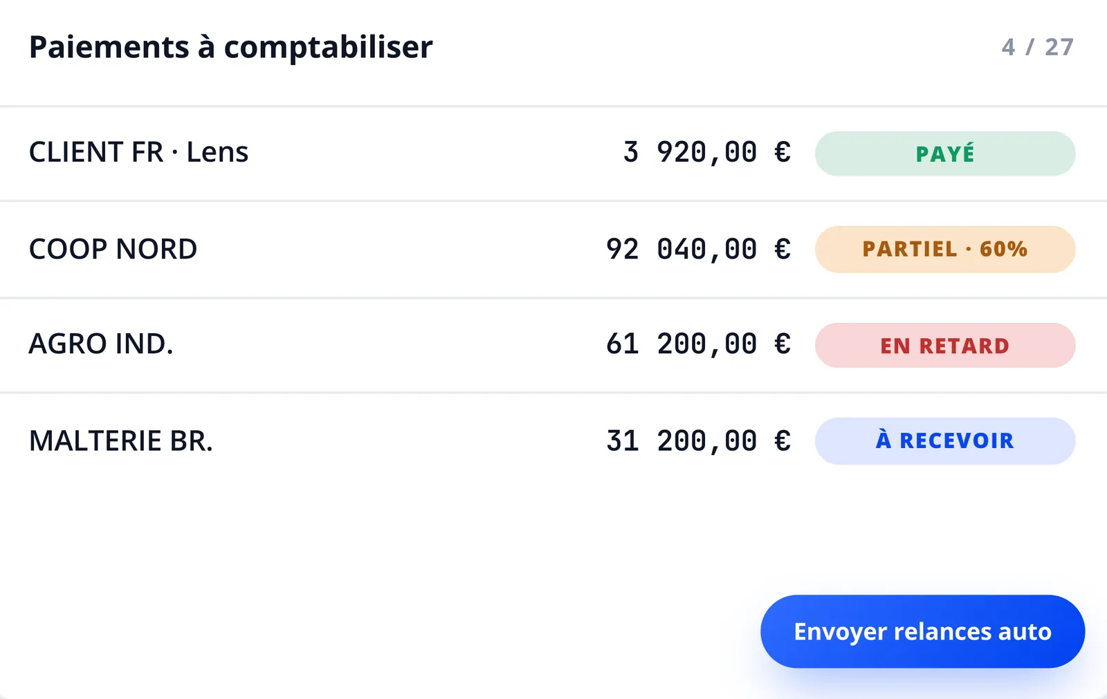 Capture d'écran du module Paiements et suivi des retards de NegoFlow